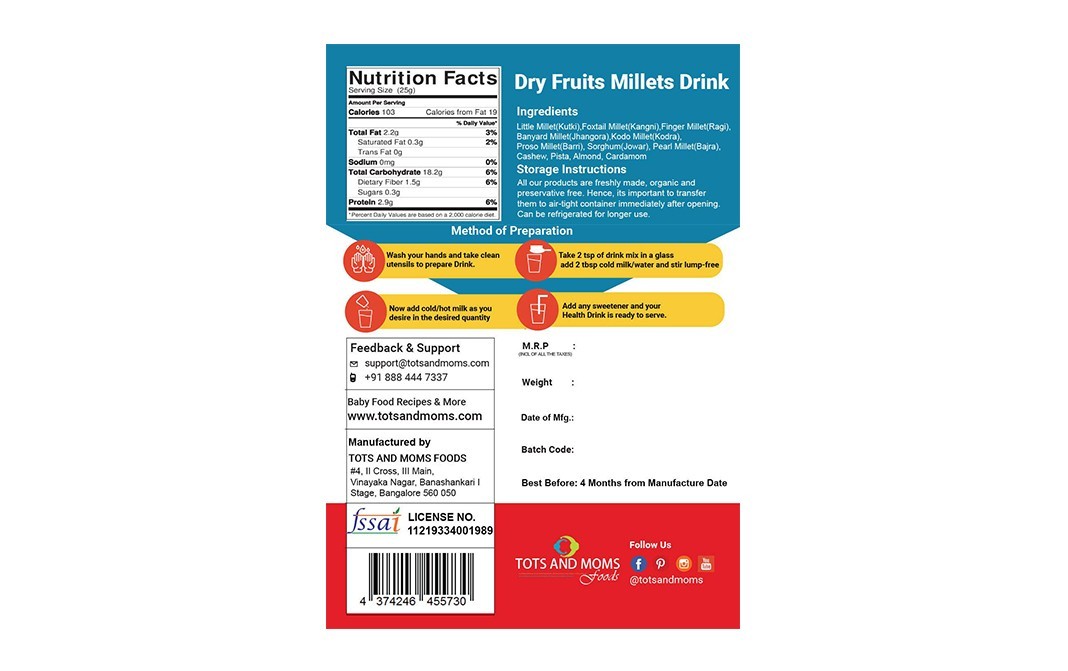 Tots And Moms Foods Dry Fruits Millets Drink   Pack  100 grams